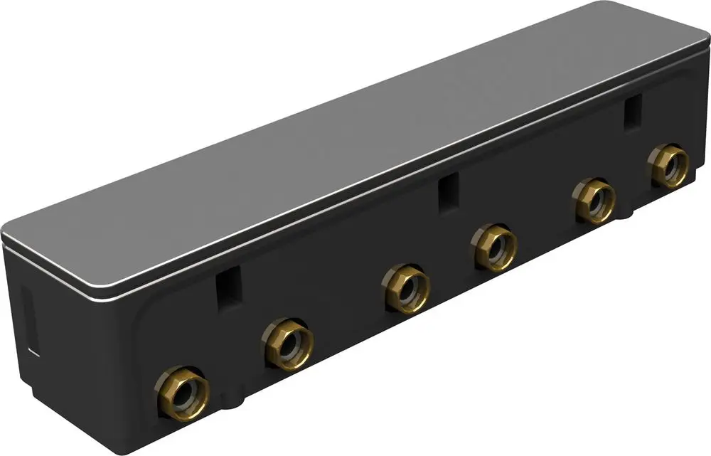 Heizkreisverteiler von Bosch mit mehreren Anschlüssen, geeignet für die Installation in Heizsystemen, erkennbar durch die goldfarbenen Anschlussöffnungen.